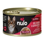 Front can of Nulo for Kittens Beef, Chicken & Salmon Recipe in Broth Pate with Shreds Canned Kitten Food 2.8oz