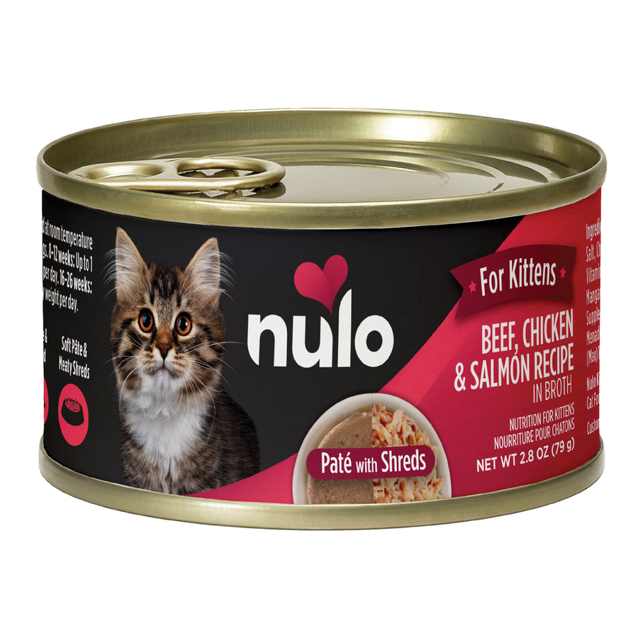 Front can of Nulo for Kittens Beef, Chicken & Salmon Recipe in Broth Pate with Shreds Canned Kitten Food 2.8oz