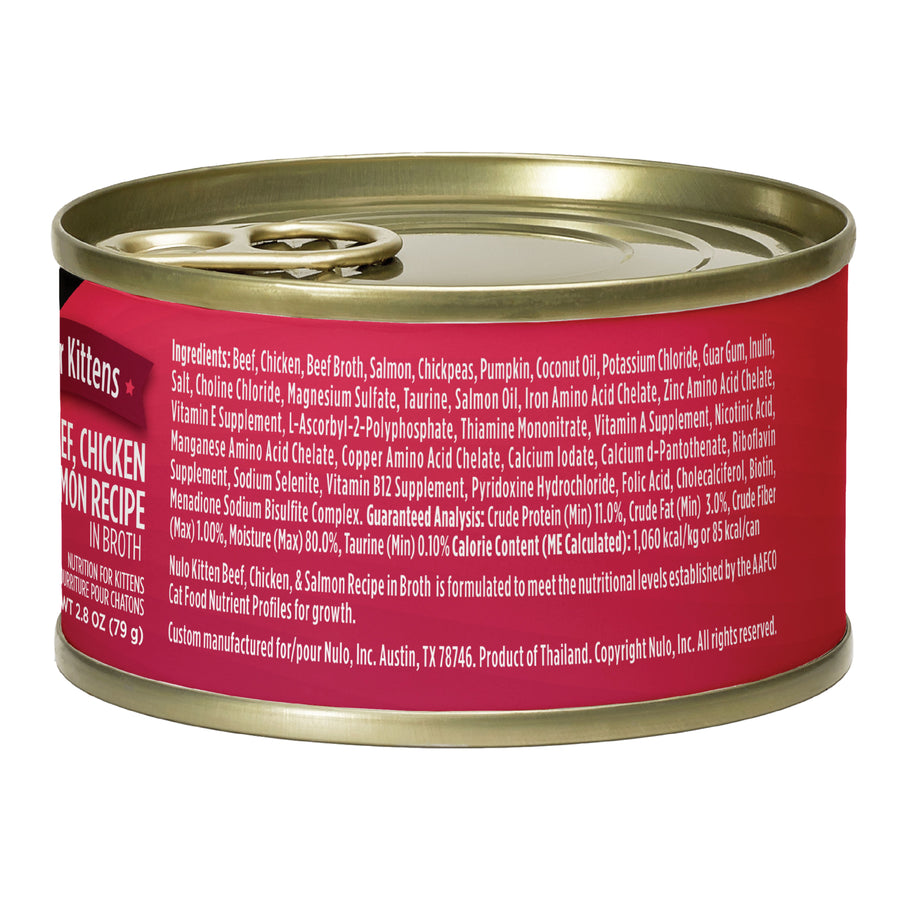 Side can of Nulo for Kittens Beef, Chicken & Salmon Recipe in Broth Pate with Shreds Canned Kitten Food