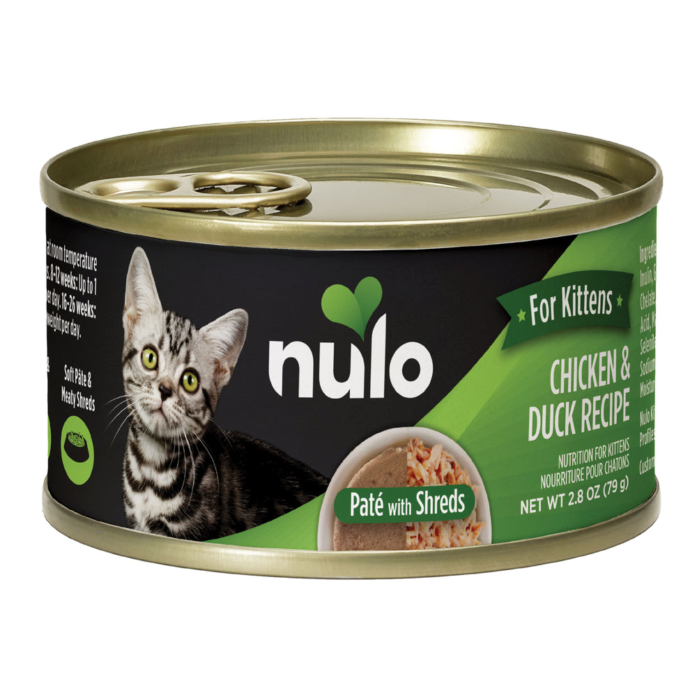 Front can of Nulo for Kittens Chicken & Duck Recipe Pate with Shreds Canned Kitten Food 2.8oz