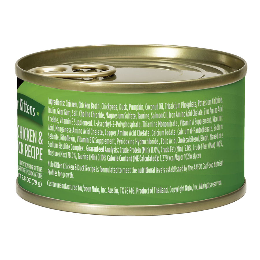 Side can of Nulo for Kittens Chicken & Duck Recipe Pate with Shreds Canned Kitten Food 2.8oz