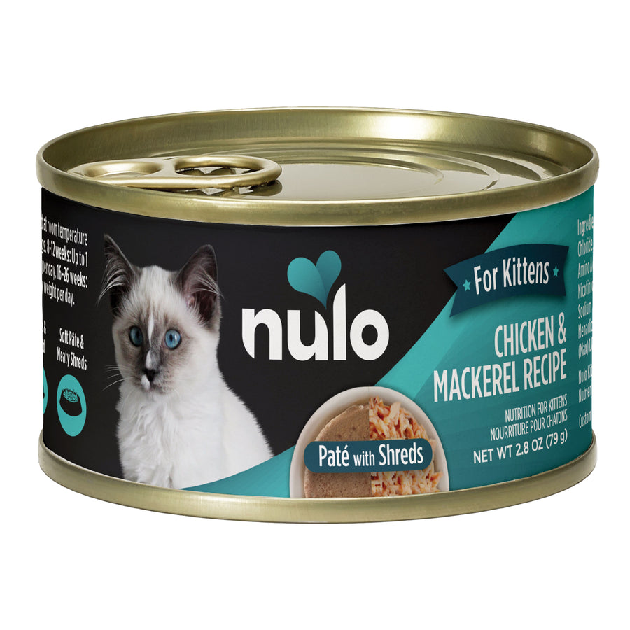 Front can of Nulo for Kittens Chicken & Mackerel Recipe Pate with Shreds Canned Kitten Food 2.8oz