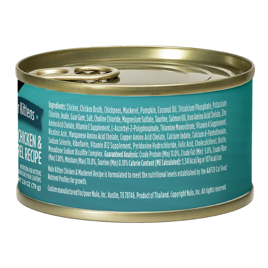 Back can of Nulo for Kittens Chicken & Mackerel Recipe Pate with Shreds Canned Kitten Food 2.8oz