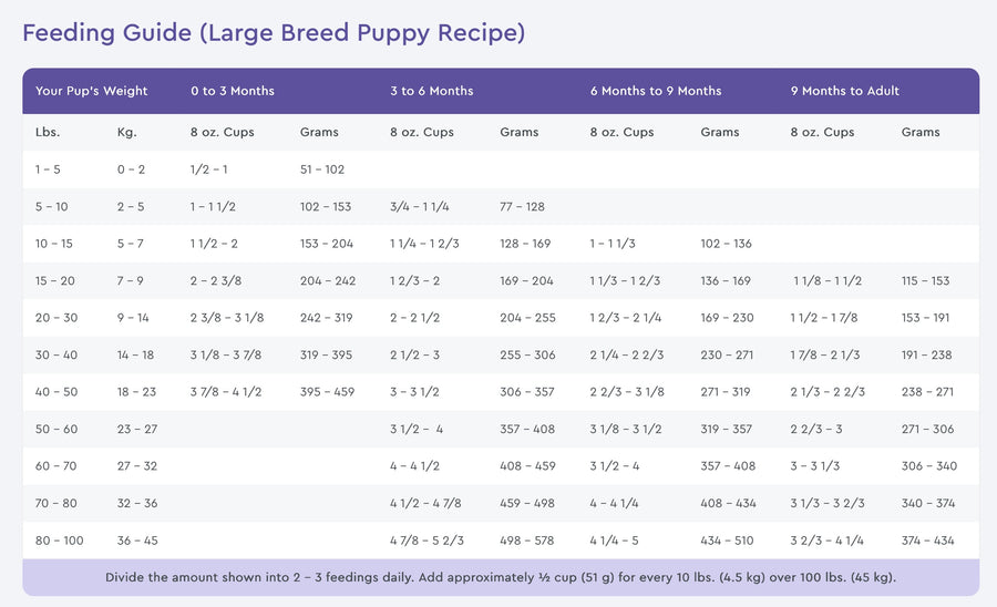 NutriSource Feeding Guide for Large Breed Puppy Recipe Dry Dog Food.