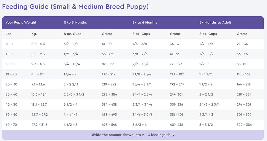 NutriSource Grain Free Feeding Guide for Small & Medium Breed Puppy Dry Dog Food.