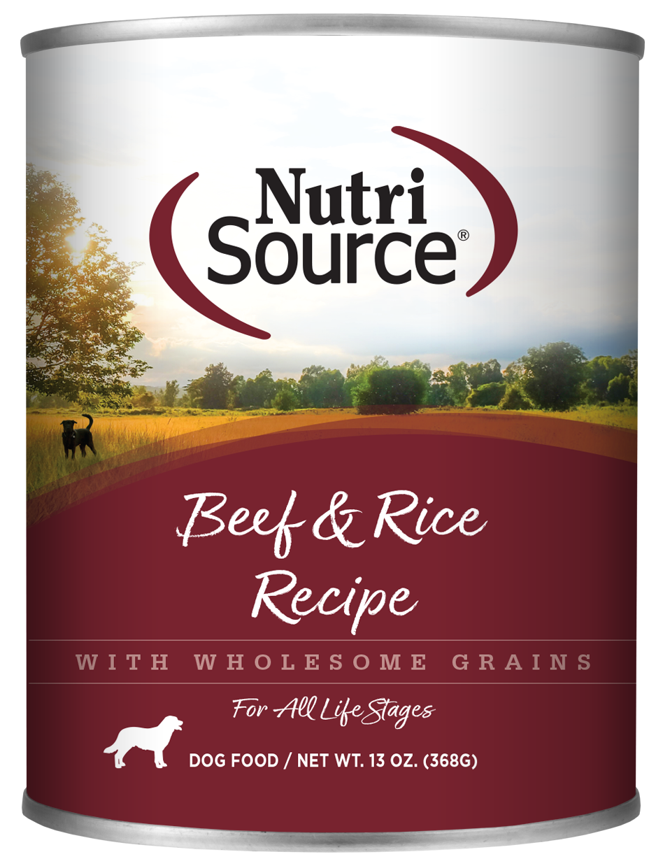 Nutrisource Beef & Rice canned dog food front of can.