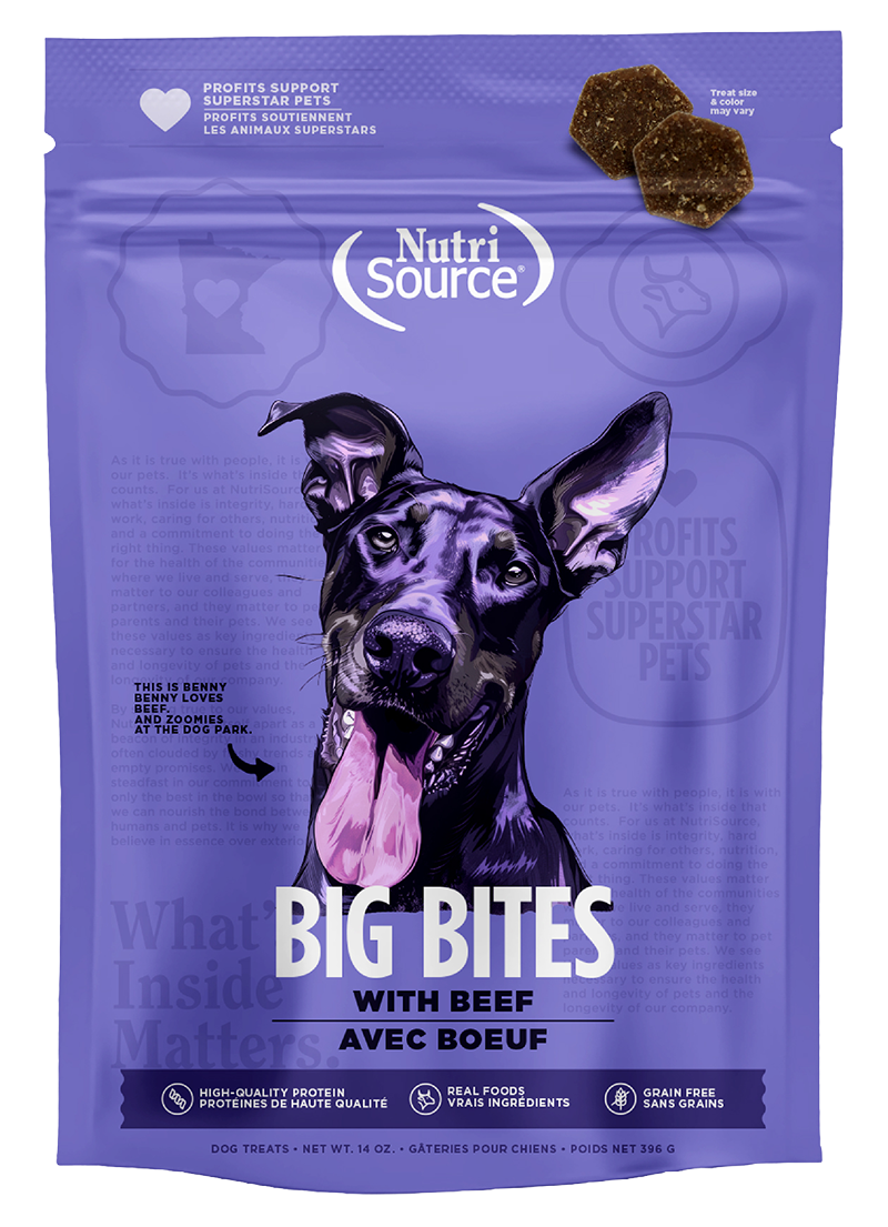 Front Bag of NutriSource Big Bites Grain Free with Beef Dog Treat 14 oz