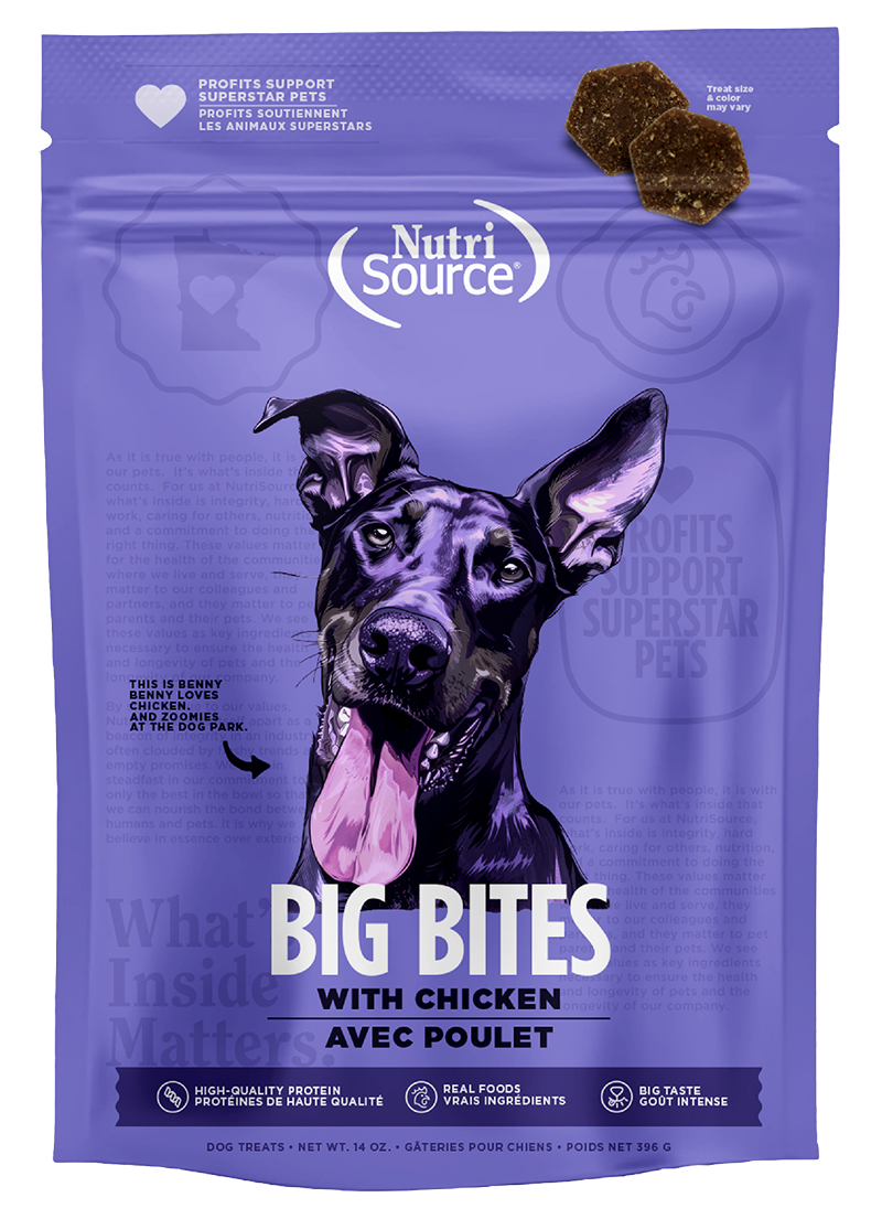 Front bag of NutriSource Big Bites Grain Free with Chicken Dog Treat 14 oz