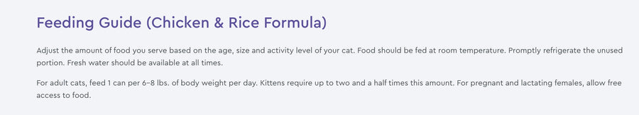 Feeding Guidelines for NutriSource Cat & Kitten Chicken & Rice Canned Cat Food.