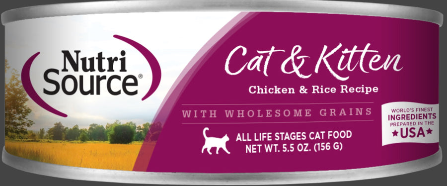 NutriSource Cat & Kitten Chicken & Rice Canned Cat Food front of can.