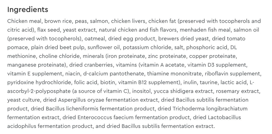 Ingredients list for NutriSource Cat & Kitten Chicken, Salmon & Liver Dry Cat Food.