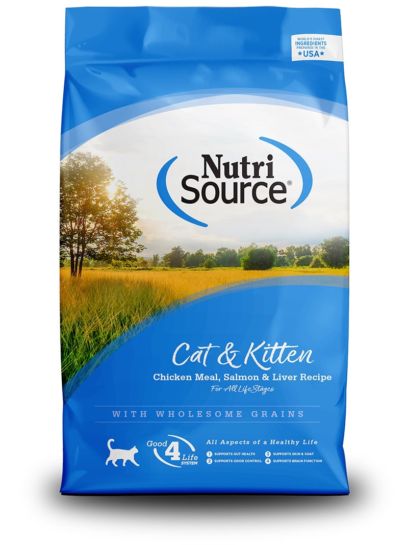 NutriSource Cat & Kitten Chicken, Salmon & Liver Dry Cat Food front of bag.