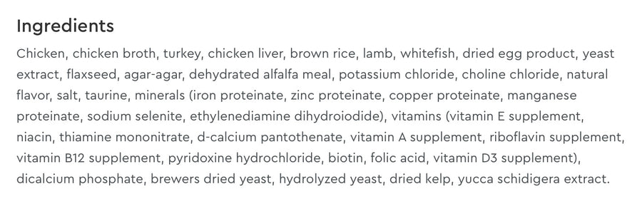 Ingredients list for NutriSource Cat & Kitten Chicken, Turkey Lamb & Fish Select Canned Cat Food.