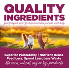 Quality Ingredients. Superior palatability, nutrient dense, feed less, spend less, less waste. No corn, wheat, soy or by-products.