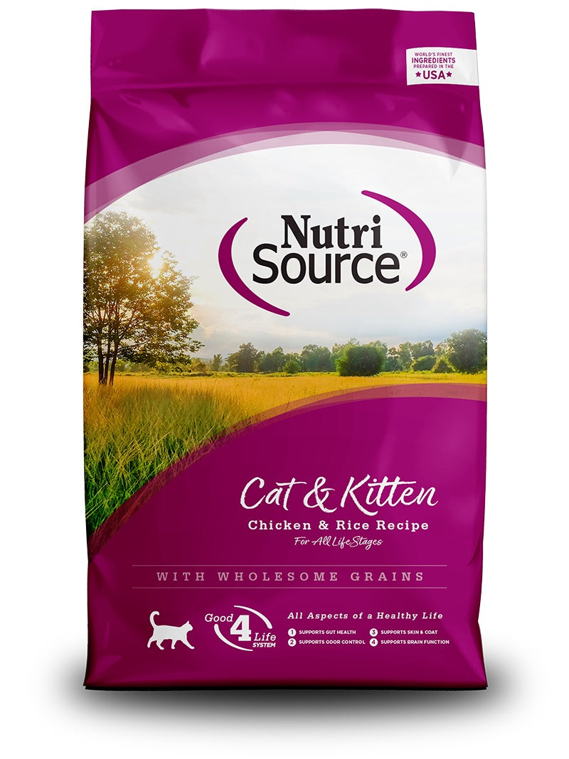 NutriSource Cat and Kitten Chicken and Rice Dry Cat Food front of bag.