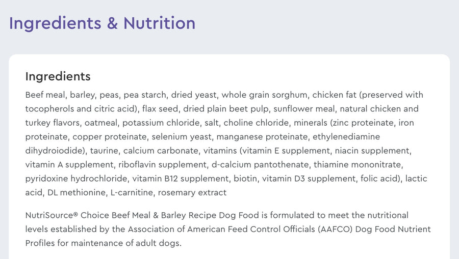 Ingredients list for NutriSource Choice Beef Meal & Barley Recipe.