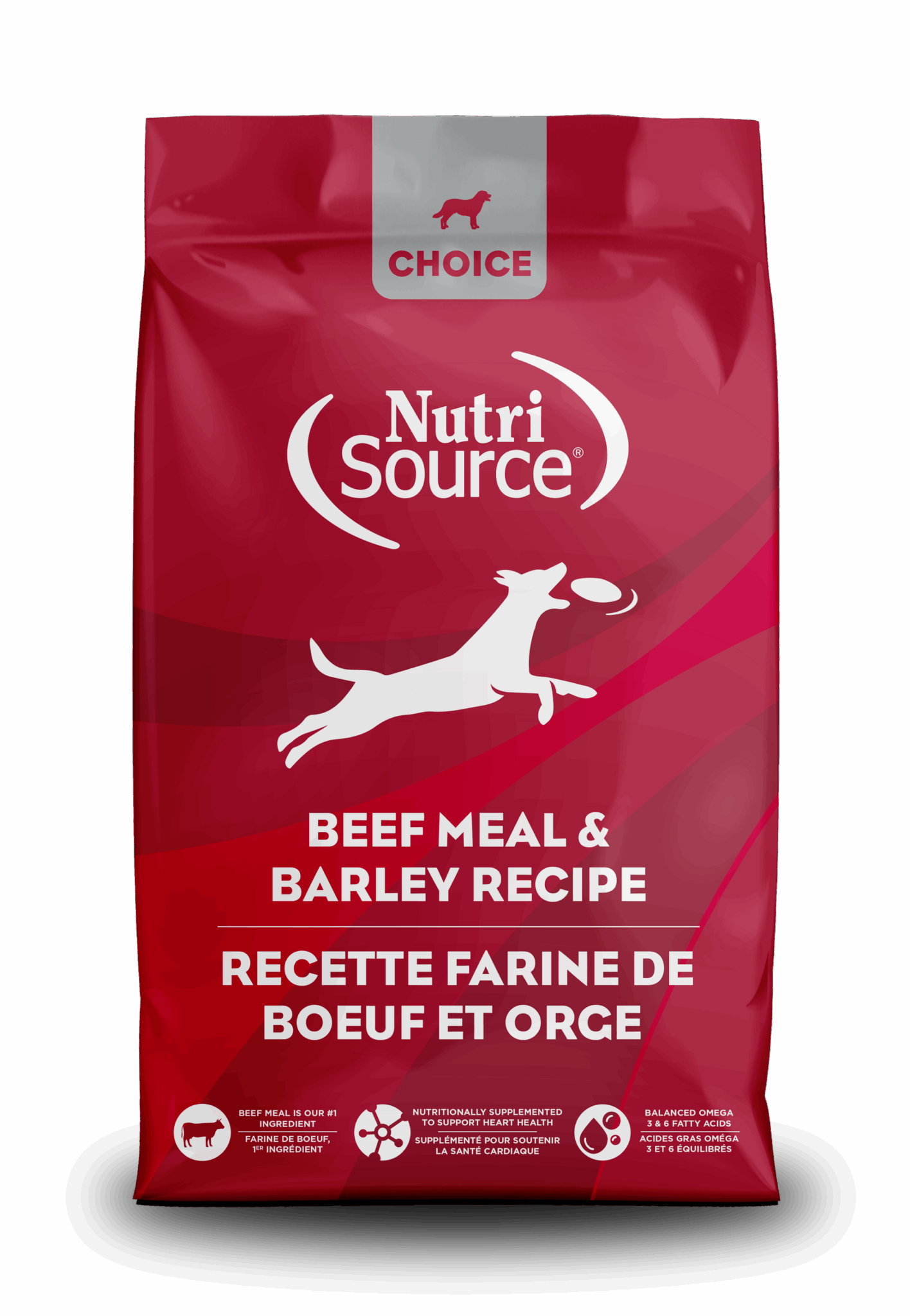 NutriSource Choice Beef Meal & Barley Recipe front of bag.
