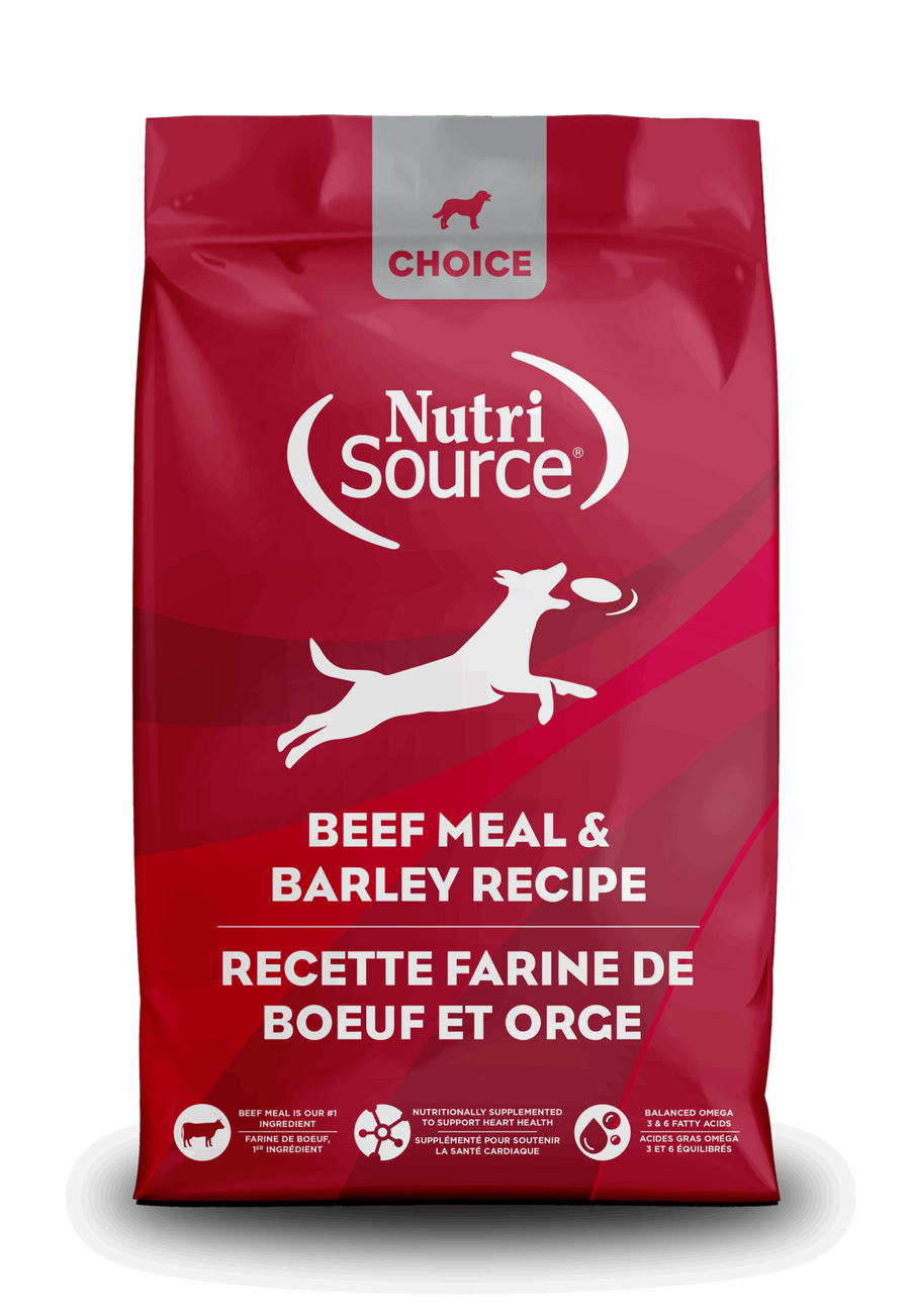 NutriSource Choice Beef Meal & Barley Recipe front of bag.