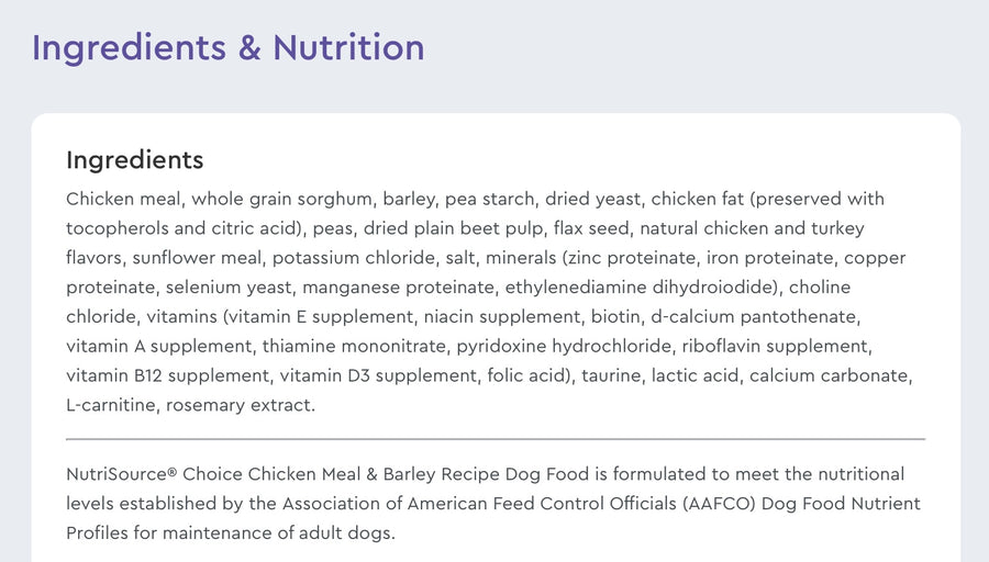 Ingredients list for NutriSource Choice Chicken Meal and Barley Dog Food.