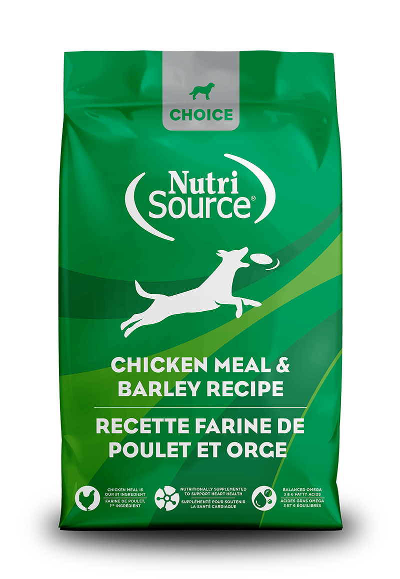 NutriSource Choice Chicken Meal and Barley Dog Food front of bag.
