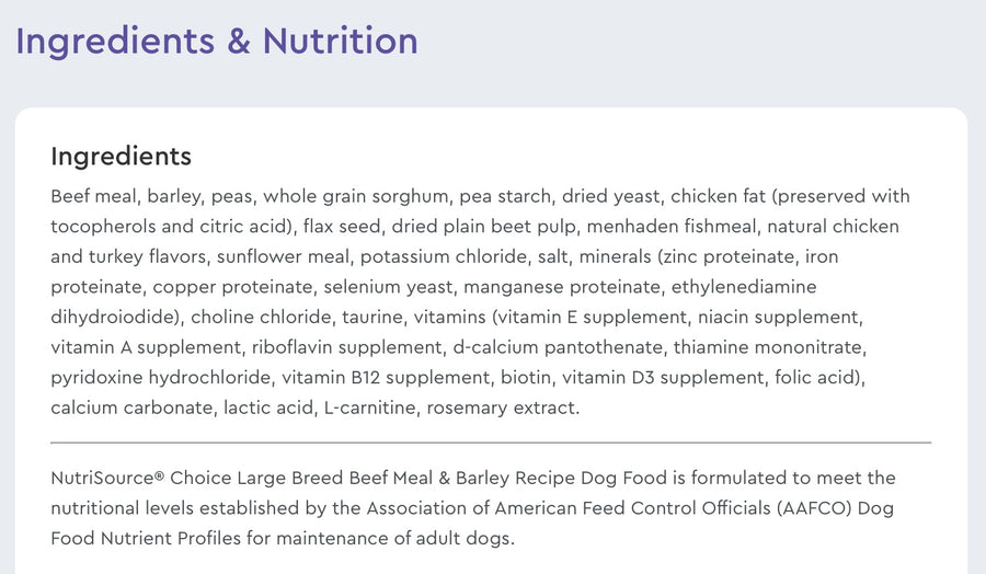 Ingredients list for NutriSource Choice Large Breed Beef Meal & Barley Recipe.