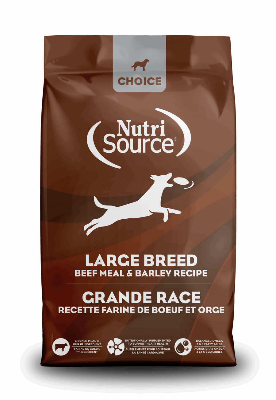 NutriSource Choice Large Breed Beef Meal & Barley Recipe front of bag.