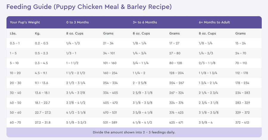 Feeding Guidelines for NutriSource Choice Puppy Chicken Meal & Barley Recipe.