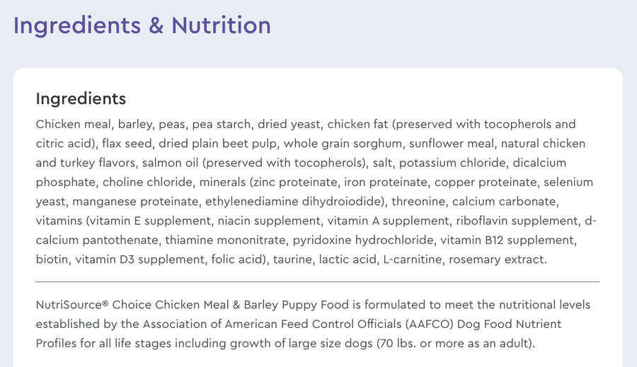 Ingredients list for NutriSource Choice Puppy Chicken Meal & Barley Recipe.