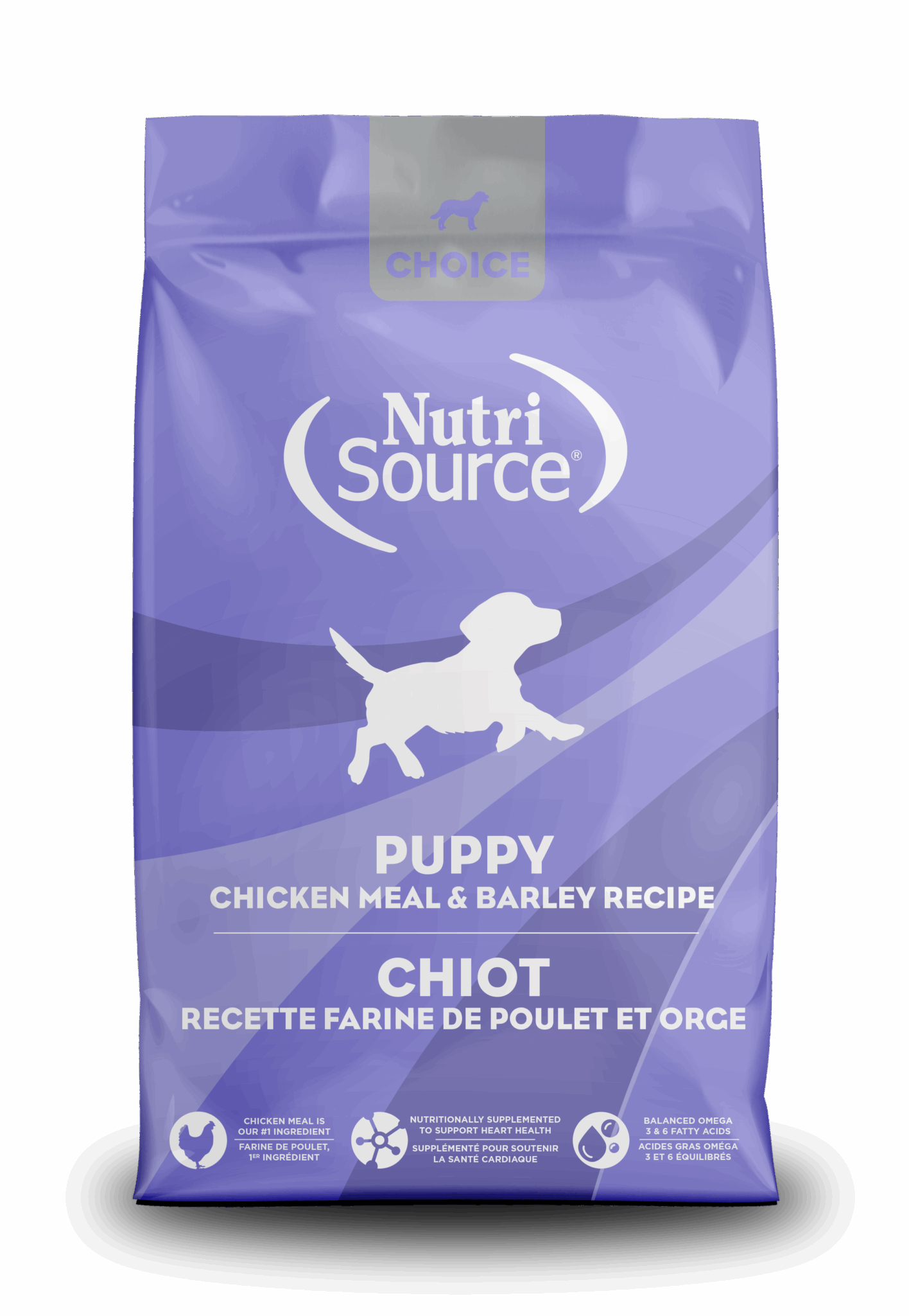 NutriSource Choice Puppy Chicken Meal & Barley Recipe front of bag.