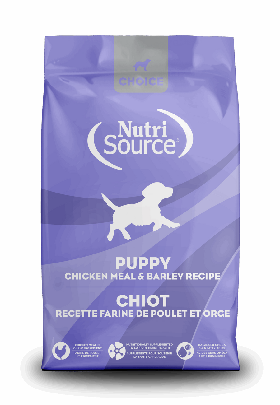 NutriSource Choice Puppy Chicken Meal & Barley Recipe front of bag.