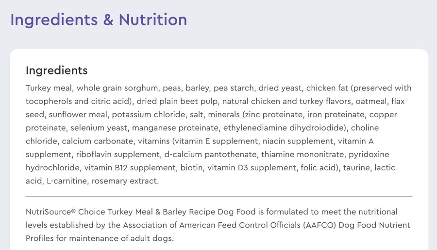 Ingredients list for NutriSource Choice Turkey Meal and Barley Dog Food.