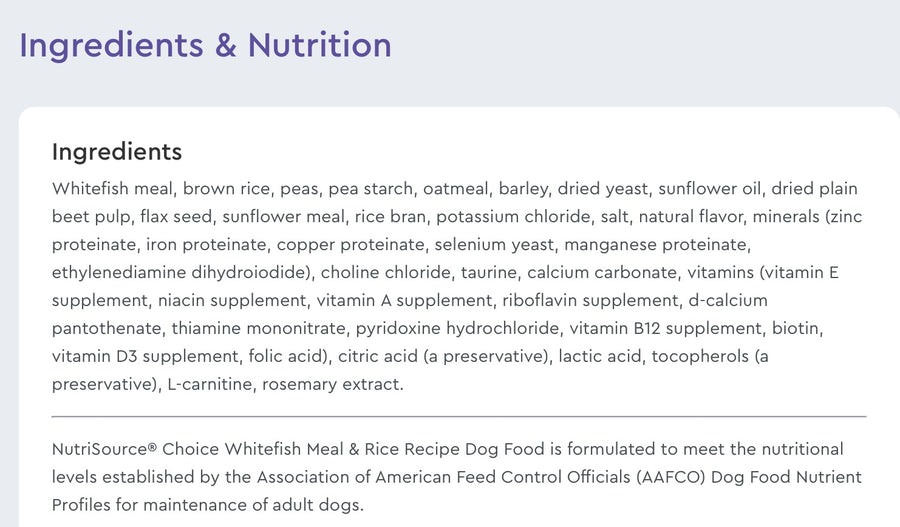 Ingredients list for NutriSource Choice Whitefish Meal and Rice Food for Dogs.