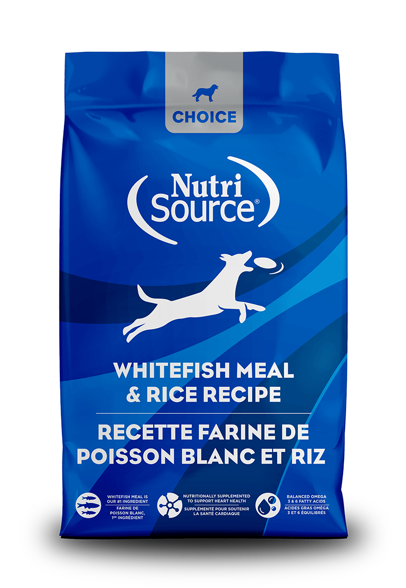 NutriSource Choice Whitefish Meal and Rice Food for Dogs front of bag.