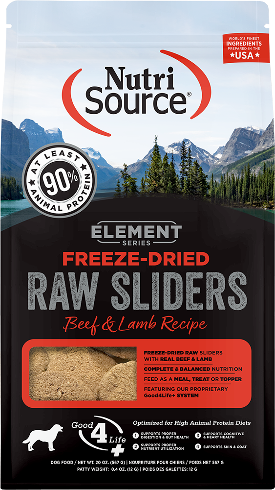 NutriSource Element Freeze-Dried Sliders Beef & Lamb Recipe Dog Food Front Pouch
