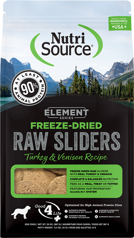 NutriSource Element Freeze-Dried Sliders Turkey & Venison Recipe Dog Food 20oz Front Pouch