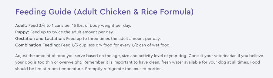 NutriSource Feeding Guide for Adult Chicken & Rice Wet Dog Food.