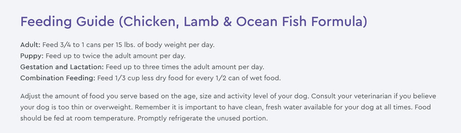 NutriSource Feeding Guide for Chicken, Lamb & Ocean Fish Wet Dog Food.