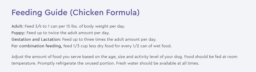 NutriSource Feeding Guide for Chicken Recipe Wet Dog Food.