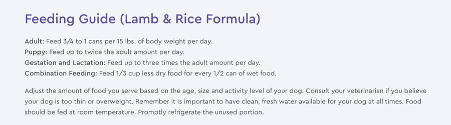 NutriSource Feeding Guide for Lamb & Rice Formula Wet Dog Food.