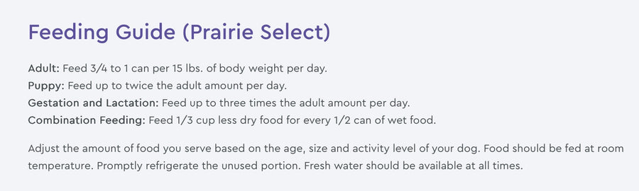 NutriSource Feeding Guide for Prairie Select Wet Dog Food.