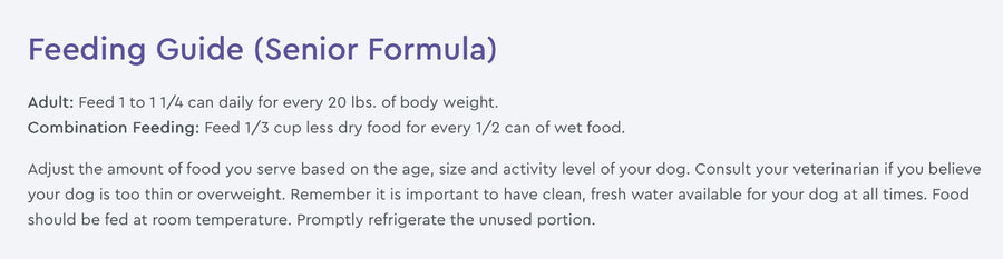 NutriSource Feeding Guide for Senior Formula Wet Dog Food.