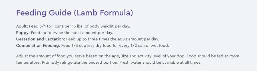 NutriSource Feeding Guide for Grain Free Lamb Formula Wet Dog Food.
