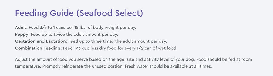 NutriSource Feeding Guide for Grain Free Seafood Select Wet Dog Food.