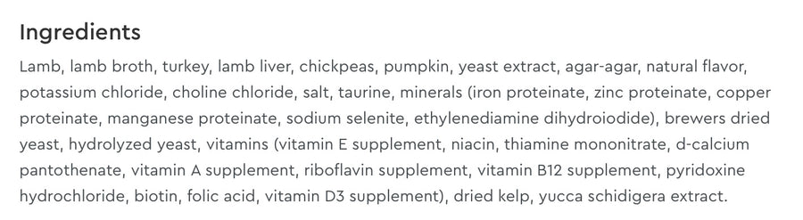 Ingredients list for NutriSource Grain Free Lamb & Lamb Liver Select Canned Cat Food.