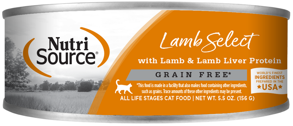 NutriSource Grain Free Lamb & Lamb Liver Select Canned Cat Food front of can.