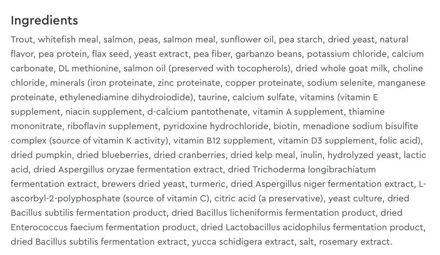 Ingredients list for NutriSource Grain Free Ocean Select Entree Dry Cat Food.