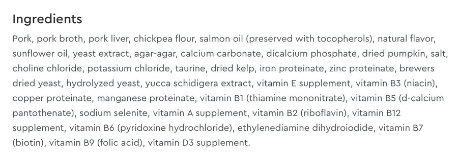 Ingredients list for NutriSource Grain Free Pork & Pork Liver Select Canned Cat Food.