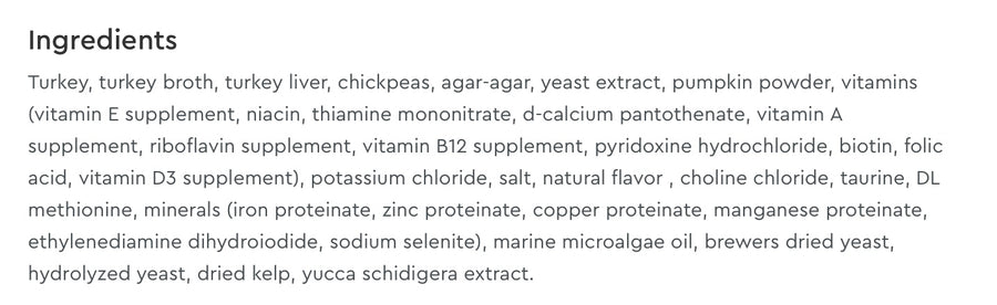 Ingredients list for NutriSource Grain Free Turkey & Turkey Liver Select Canned Cat Food.