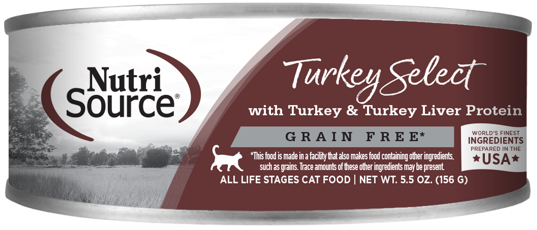 NutriSource Grain Free Turkey & Turkey Liver Select Canned Cat Food front of can.