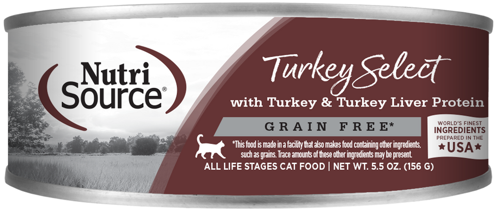 NutriSource Grain Free Turkey & Turkey Liver Select Canned Cat Food front of can.